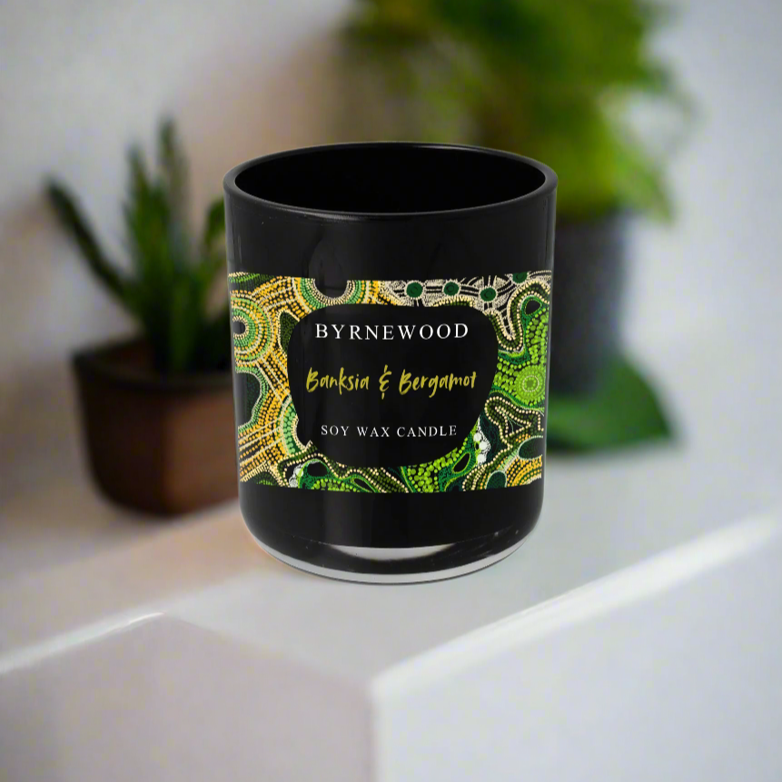Byrnewood Banksia & Bergamot handcrafted scented soy wax candle in a luxury glass vessel, made on the Gold Coast, Australia – eco-friendly, clean-burning, and beautifully fragranced.
