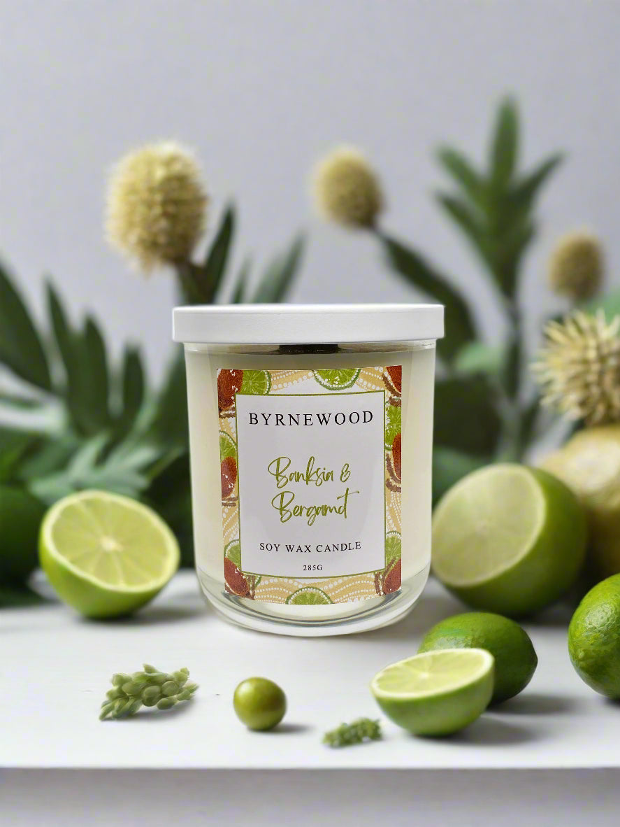 Byrnewood Banksia & Bergamot handcrafted scented soy wax candle with a wood wick, poured into a large 285g luxury glass vessel – made on the Gold Coast, Australia for an eco-friendly, clean-burning, and beautifully fragranced experience.