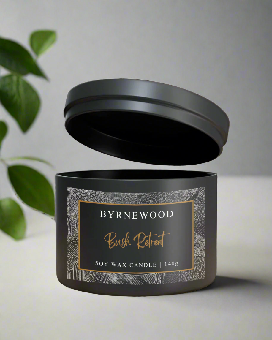 Byrnewood Bush Retreat handcrafted scented soy wax candle with a natural cotton wick, housed in a medium-size tin – clean-burning, travel-friendly, and made on the Gold Coast, Australia for a beautifully fragranced experience.