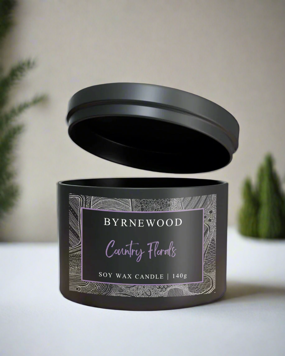 Byrnewood Country Florals handcrafted scented soy wax candle with a natural cotton wick, housed in a medium-size tin – clean-burning, travel-friendly, and made on the Gold Coast, Australia for a beautifully fragranced experience.