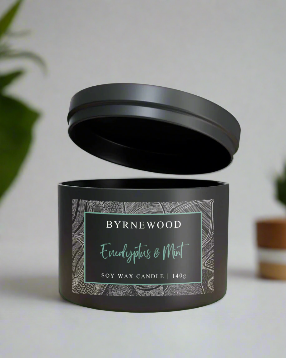 Byrnewood Eucalyptus & Mint handcrafted scented soy wax candle with a natural cotton wick, housed in a medium-size tin – clean-burning, travel-friendly, and made on the Gold Coast, Australia for a beautifully fragranced experience.