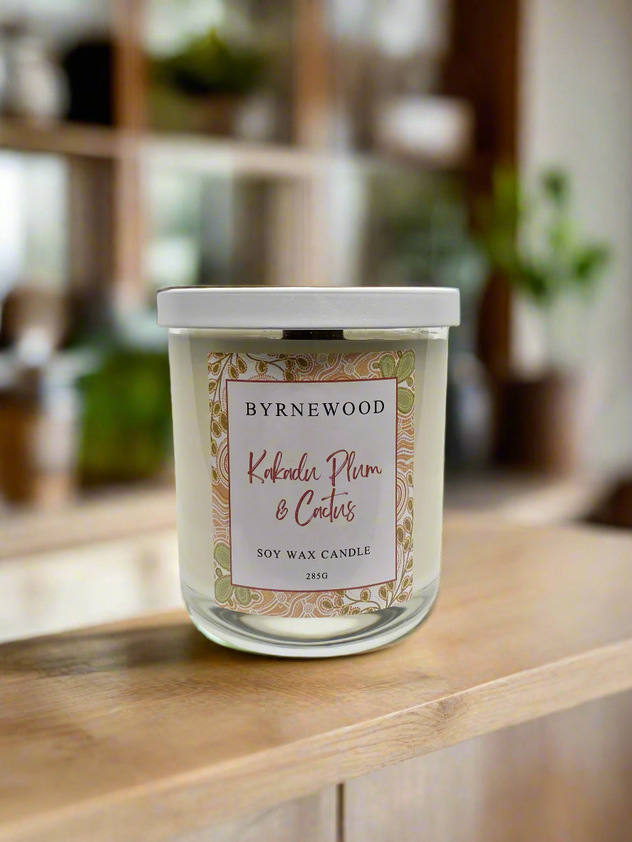 Byrnewood Kakadu Plum & Cactus handcrafted scented soy wax candle with a wood wick, poured into a large 285g luxury glass vessel – made on the Gold Coast, Australia for an eco-friendly, clean-burning, and beautifully fragranced experience.