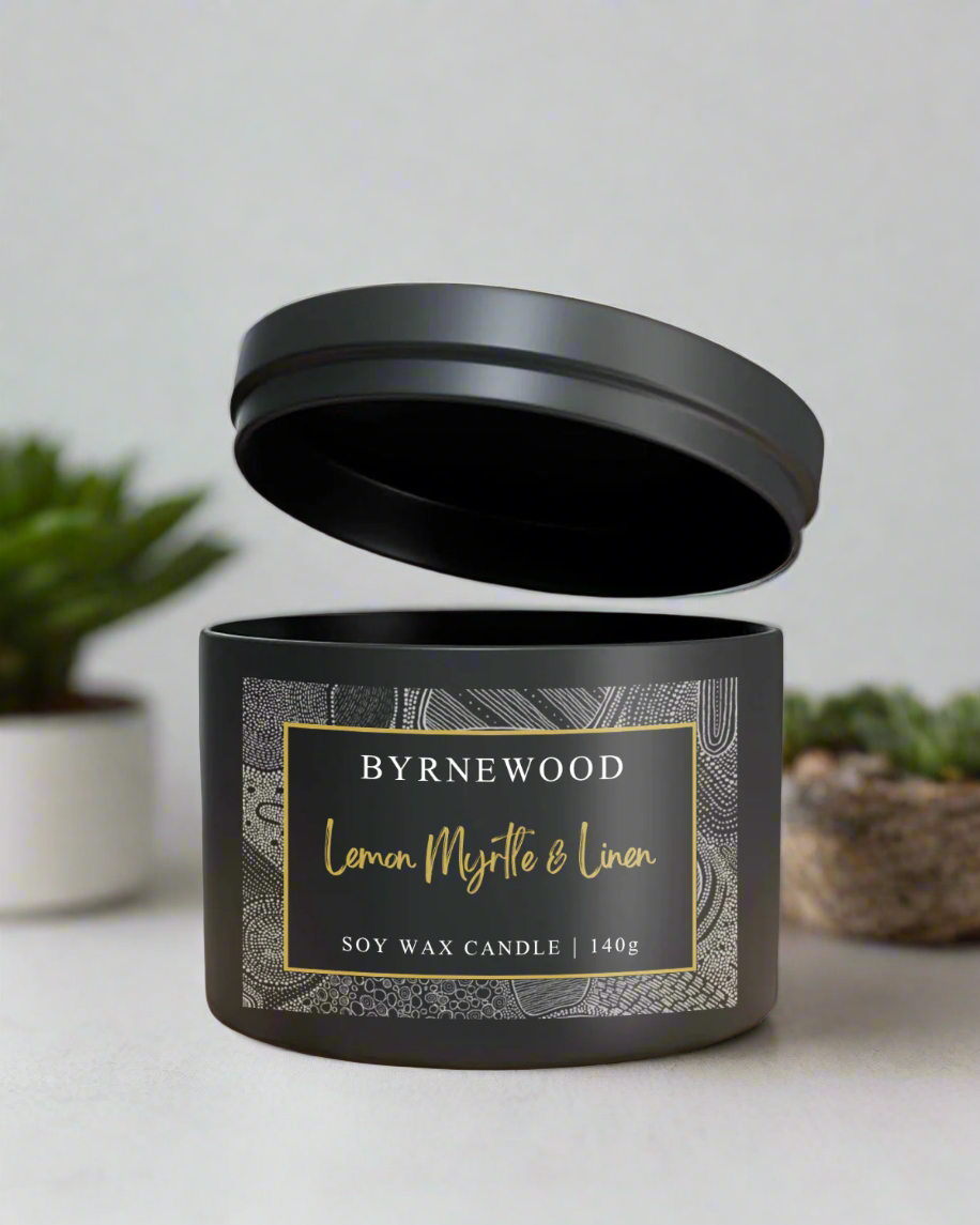 Byrnewood Lemon Myrtle & linen handcrafted scented soy wax candle with a natural cotton wick, housed in a medium-size tin – clean-burning, travel-friendly, and made on the Gold Coast, Australia for a beautifully fragranced experience.
