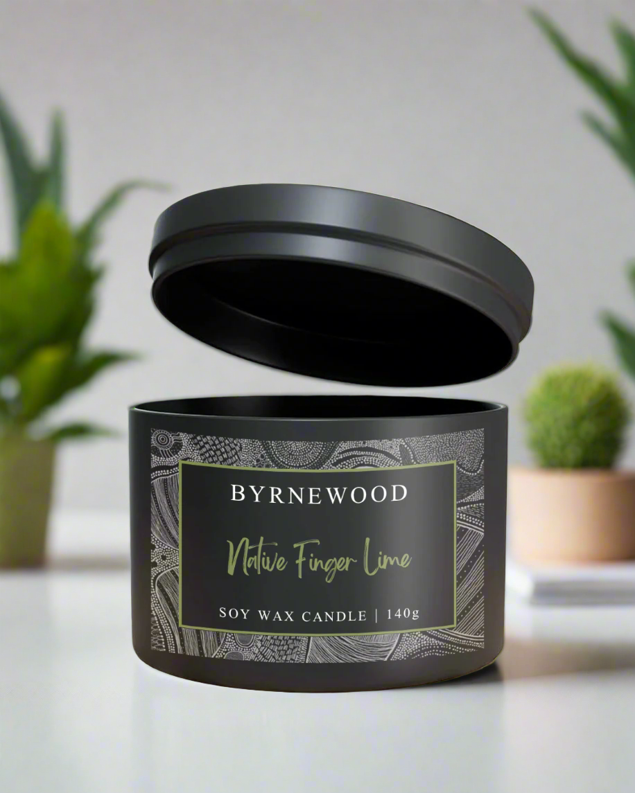 Byrnewood Native Finger Lime handcrafted scented soy wax candle with a natural cotton wick, housed in a medium-size tin – clean-burning, travel-friendly, and made on the Gold Coast, Australia for a beautifully fragranced experience.