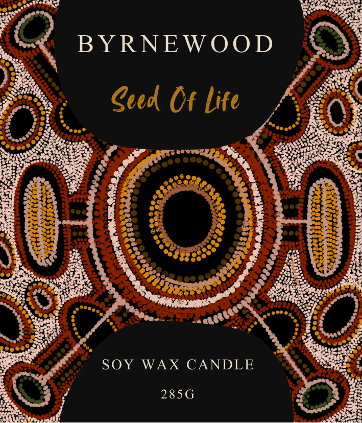 Byrnewood Seed Of Life handcrafted scented soy wax candle with a wood wick, poured into a large 285g luxury glass vessel – made on the Gold Coast, Australia for an eco-friendly, clean-burning, and beautifully fragranced experience.