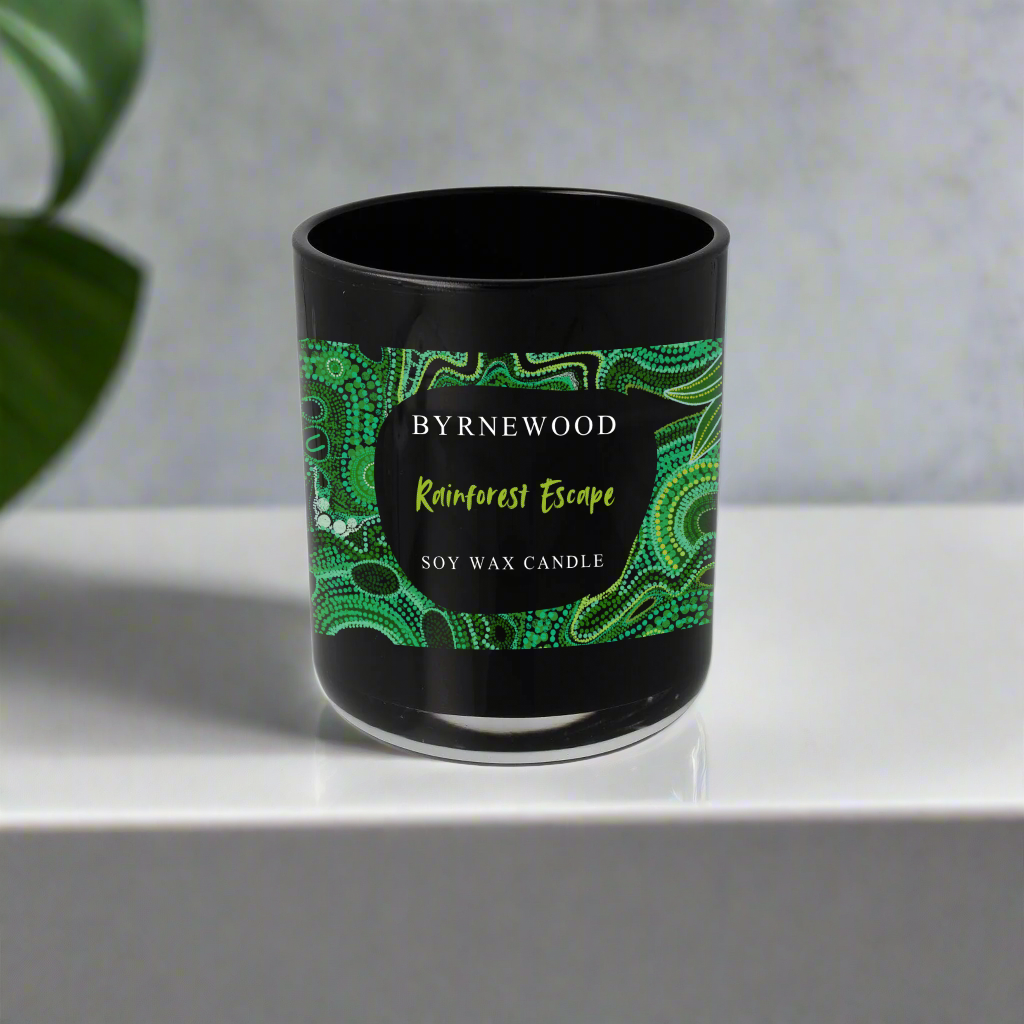 Byrnewood Rainforest Escape handcrafted scented soy wax candle in a luxury glass vessel, made on the Gold Coast, Australia – eco-friendly, clean-burning, and beautifully fragranced.