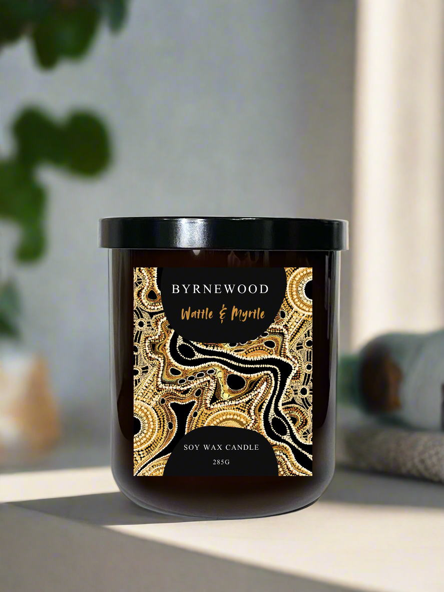 Byrnewood Wattle & Myrtle handcrafted scented soy wax candle in a luxury glass vessel, made on the Gold Coast, Australia – eco-friendly, clean-burning, and beautifully fragranced.
