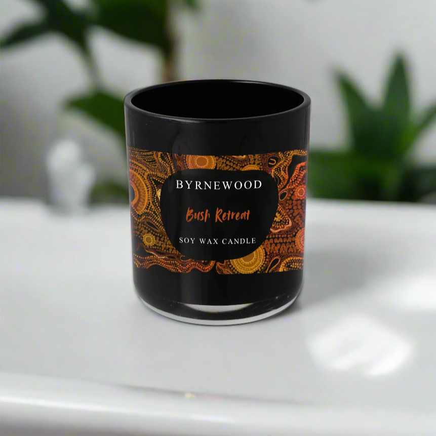 Byrnewood Bush Retreat handcrafted scented soy wax candle in a luxury glass vessel, made on the Gold Coast, Australia – eco-friendly, clean-burning, and beautifully fragranced.