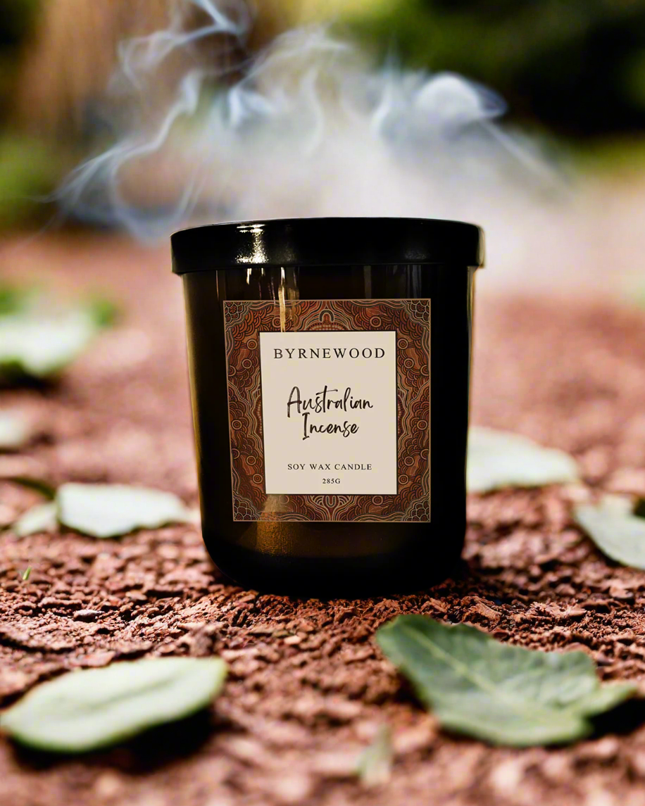 Byrnewood Australian Incense handcrafted scented soy wax candle with a wood wick, poured into a large 285g luxury glass vessel – made on the Gold Coast, Australia for an eco-friendly, clean-burning, and beautifully fragranced experience.
