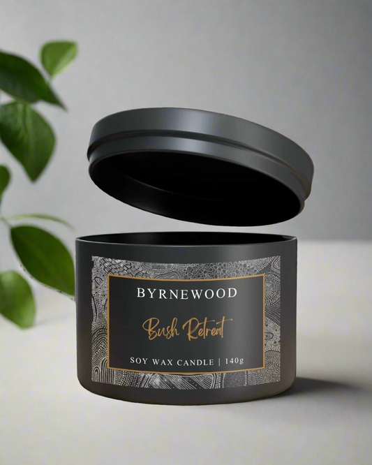 Byrnewood Bush Retreat handcrafted scented soy wax candle with a natural cotton wick, housed in a medium-size tin – clean-burning, travel-friendly, and made on the Gold Coast, Australia for a beautifully fragranced experience.