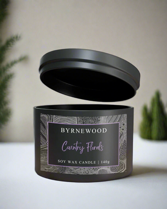 Byrnewood Country Florals handcrafted scented soy wax candle with a natural cotton wick, housed in a medium-size tin – clean-burning, travel-friendly, and made on the Gold Coast, Australia for a beautifully fragranced experience.