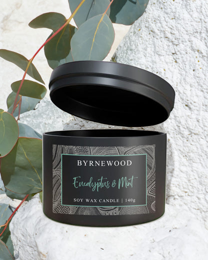 Byrnewood handcrafted scented soy wax candle with a natural cotton wick, housed in a medium-size tin – clean-burning, travel-friendly, and made on the Gold Coast, Australia for a beautifully fragranced experience.