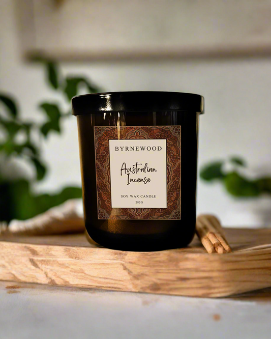 Byrnewood Australian Incense handcrafted scented soy wax candle with a wood wick, poured into a large 285g luxury glass vessel – made on the Gold Coast, Australia for an eco-friendly, clean-burning, and beautifully fragranced experience.