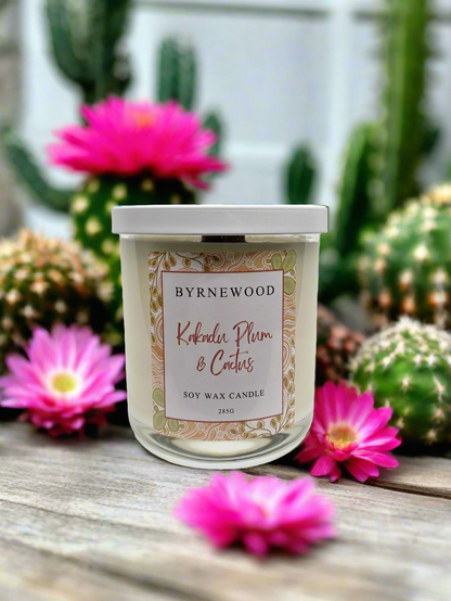 Byrnewood Kakadu Plum and Cactus Candle handcrafted scented soy wax candle with a wood wick, poured into a large 285g luxury glass vessel – made on the Gold Coast, Australia for an eco-friendly, clean-burning, and beautifully fragranced experience.