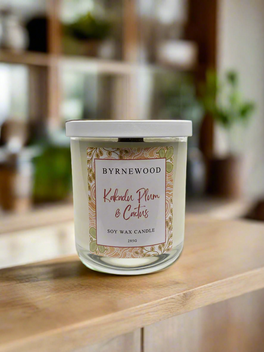 Byrnewood Kakadu Plum & Cactus handcrafted scented soy wax candle with a wood wick, poured into a large 285g luxury glass vessel – made on the Gold Coast, Australia for an eco-friendly, clean-burning, and beautifully fragranced experience.