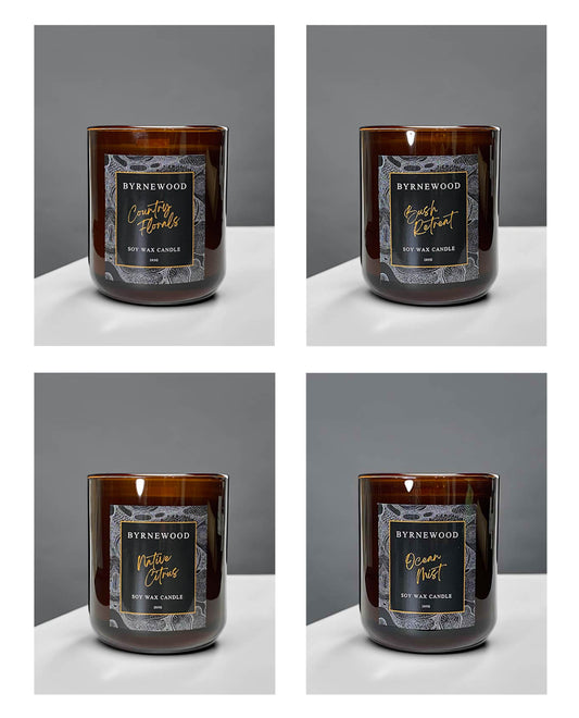 Byrnewood 285g large wood wick candle, handcrafted on the Gold Coast, Australia – features native Australian scents in a luxury glass vessel for a clean, eco-friendly burn and rich aromatic experience.