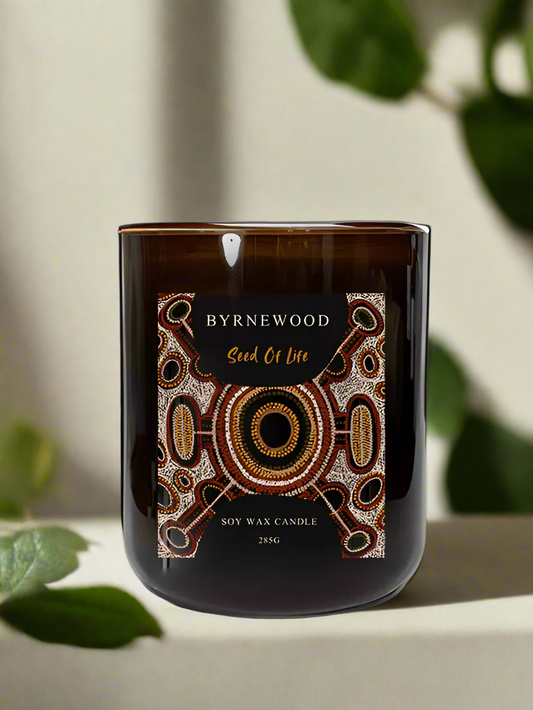 Byrnewood Seed Of Life Art Series handcrafted scented soy wax candle with a wood wick, poured into a large 285g luxury glass vessel – made on the Gold Coast, Australia for an eco-friendly, clean-burning, and beautifully fragranced experience.
