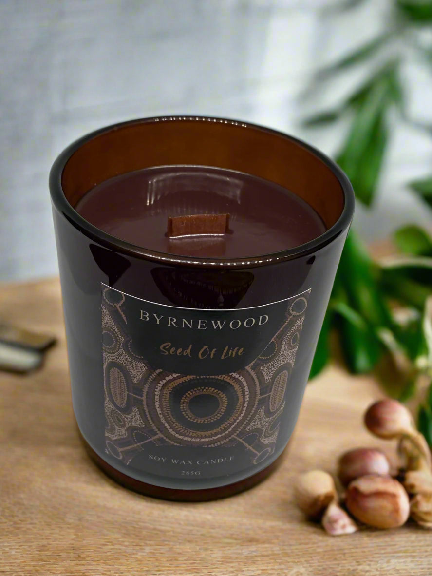 Byrnewood Seed Of Life handcrafted scented soy wax candle with a wood wick, poured into a large 285g luxury glass vessel – made on the Gold Coast, Australia for an eco-friendly, clean-burning, and beautifully fragranced experience.