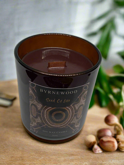 Byrnewood Seed Of Life handcrafted scented soy wax candle with a wood wick, poured into a large 285g luxury glass vessel – made on the Gold Coast, Australia for an eco-friendly, clean-burning, and beautifully fragranced experience.