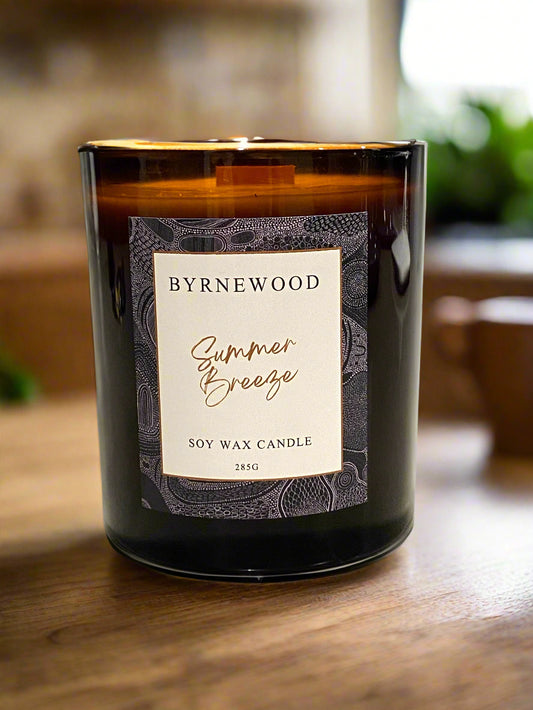 Byrnewood Summer Breeze handcrafted scented soy wax candle with a wood wick, poured into a large 285g luxury glass vessel – made on the Gold Coast, Australia for an eco-friendly, clean-burning, and beautifully fragranced experience.