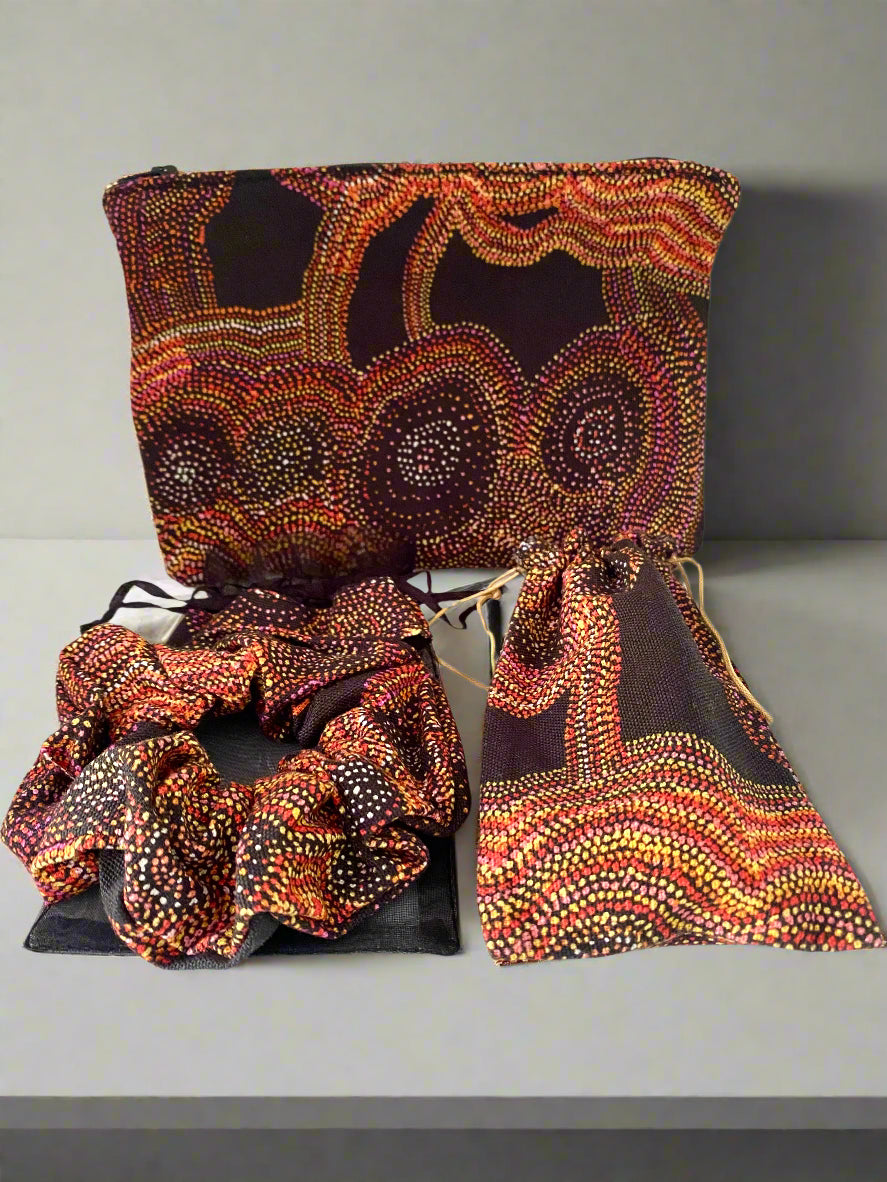 Byrnewood First Nations-designed vanity set featuring a culturally inspired vanity case, matching hair tie, and coordinated accessories – celebrating Indigenous art and style with practical everyday use.