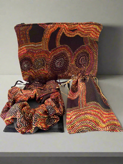 Byrnewood First Nations-designed vanity set featuring a culturally inspired vanity case, matching hair tie, and coordinated accessories – celebrating Indigenous art and style with practical everyday use.