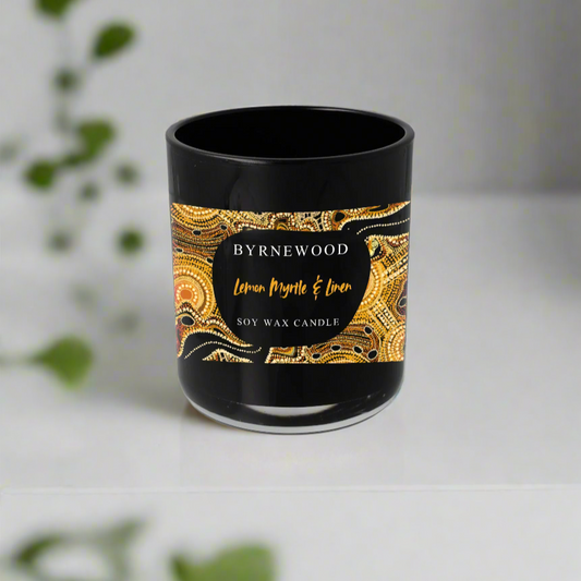 Byrnewood Lemon Myrtle & Linen handcrafted scented soy wax candle in a luxury glass vessel, made on the Gold Coast, Australia – eco-friendly, clean-burning, and beautifully fragranced.