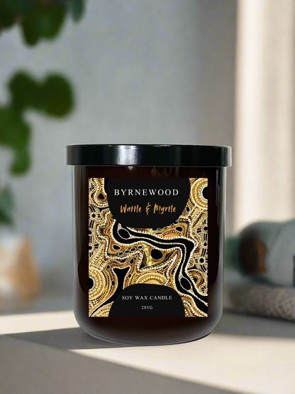 Byrnewood Wattle & Myrtle handcrafted scented soy wax candle in a luxury glass vessel, made on the Gold Coast, Australia – eco-friendly, clean-burning, and beautifully fragranced.