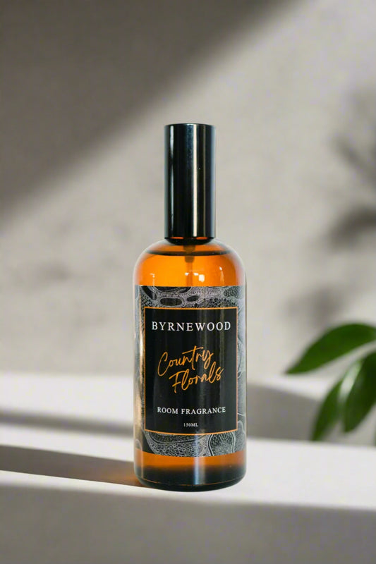 Byrnewood Country Florals large high-quality room spray in an elegant glass bottle with fine mist atomiser – infused with Australian-inspired scents and handcrafted on the Gold Coast for a luxurious home fragrance experience.