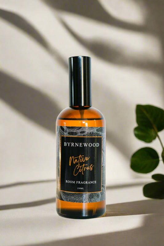 Byrnewood Native Citrus large high-quality room spray in an elegant glass bottle with fine mist atomiser – infused with Australian-inspired scents and handcrafted on the Gold Coast for a luxurious home fragrance experience.