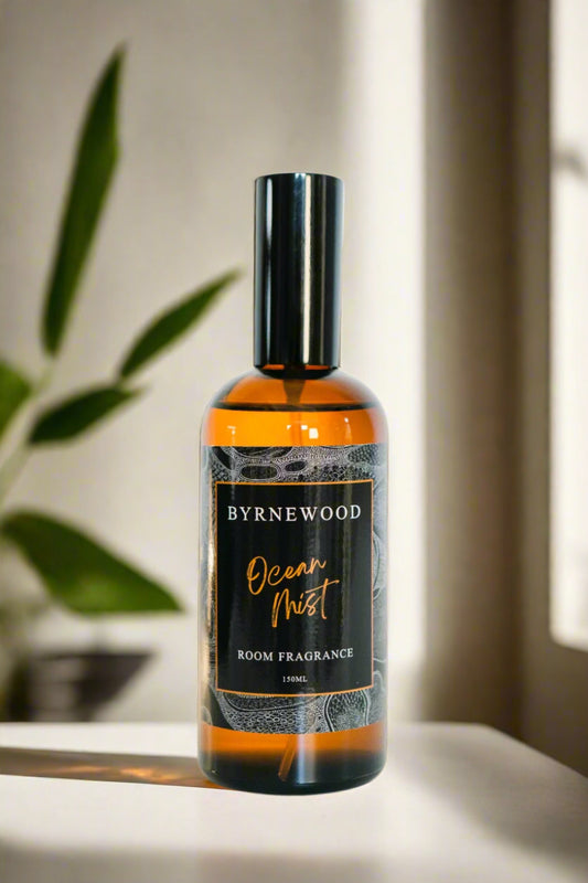 Byrnewood Ocean Mist  large high-quality room spray in an elegant glass bottle with fine mist atomiser – infused with Australian-inspired scents and handcrafted on the Gold Coast for a luxurious home fragrance experience.